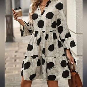 SHEIN White & Black Polka Dot Tiered Mini Dress